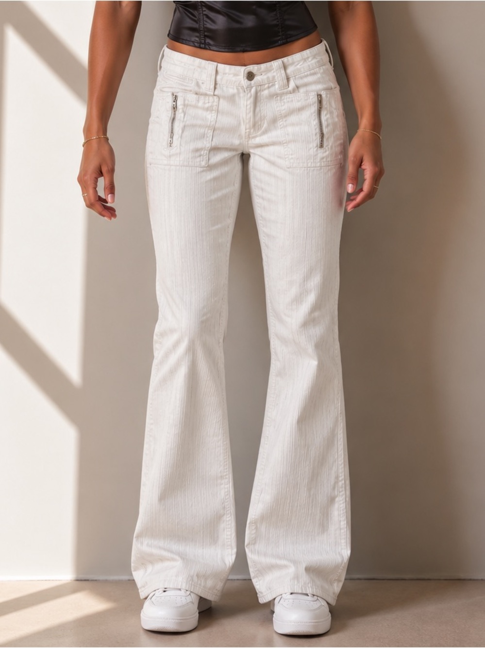 Y2K White Mid Rise Bubblegum Ribbed Flare Jeans